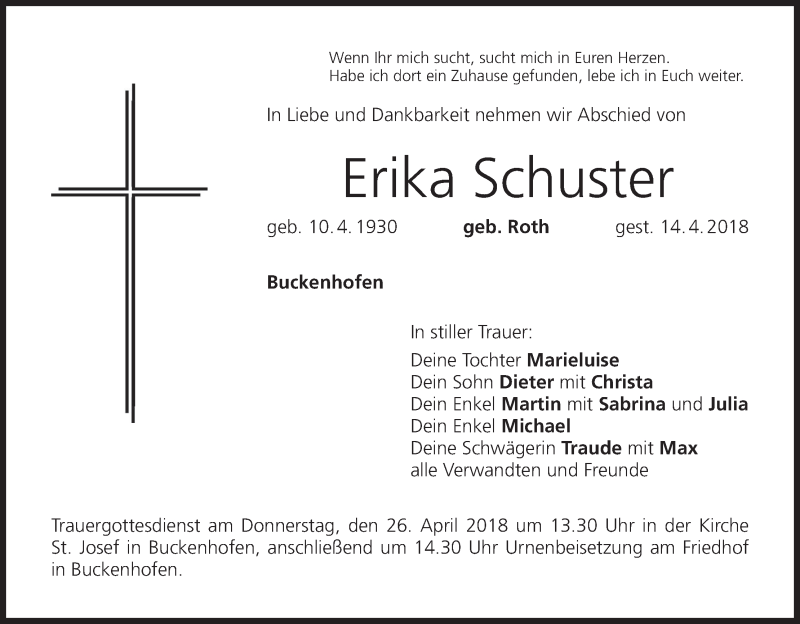  Traueranzeige für Erika Schuster vom 21.04.2018 aus MGO