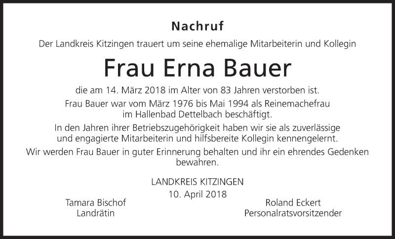  Traueranzeige für Erna Bauer vom 12.04.2018 aus MGO