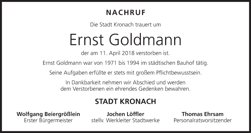  Traueranzeige für Ernst Goldmann vom 14.04.2018 aus MGO