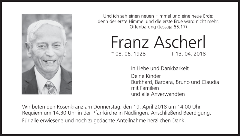  Traueranzeige für Franz Ascherl vom 14.04.2018 aus MGO