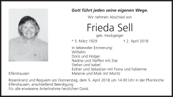 Anzeige von Frieda Sell von MGO