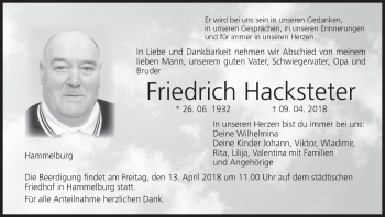 Anzeige von Friedrich Hacksteter von MGO
