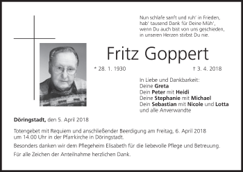 Anzeige von Fritz Goppert von MGO