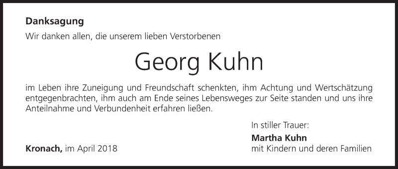  Traueranzeige für Georg Kuhn vom 21.04.2018 aus MGO