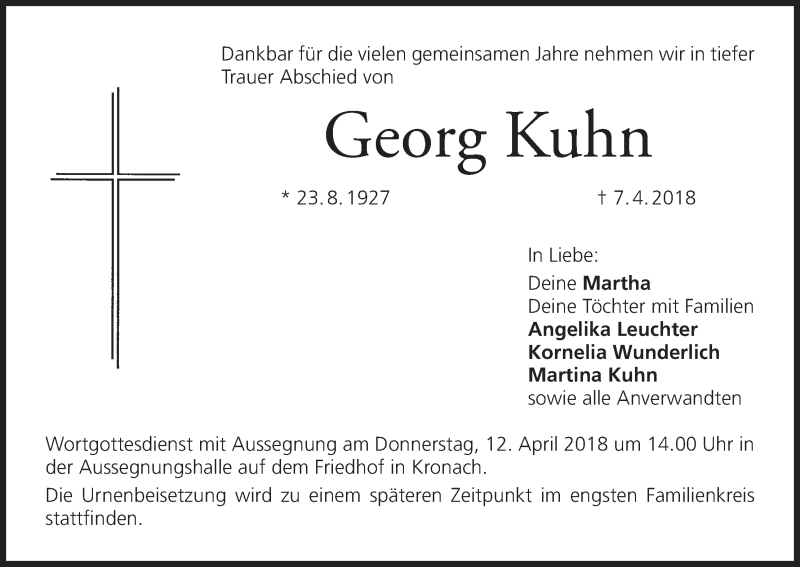  Traueranzeige für Georg Kuhn vom 10.04.2018 aus MGO