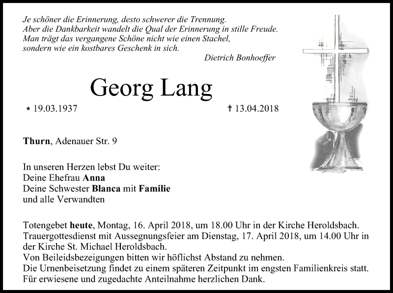  Traueranzeige für Georg Lang vom 16.04.2018 aus MGO
