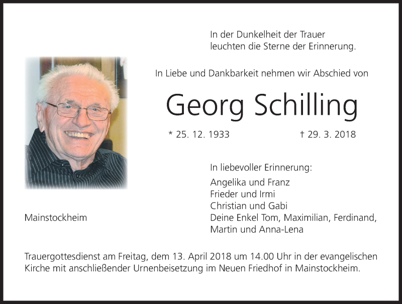  Traueranzeige für Georg Schilling vom 09.04.2018 aus MGO