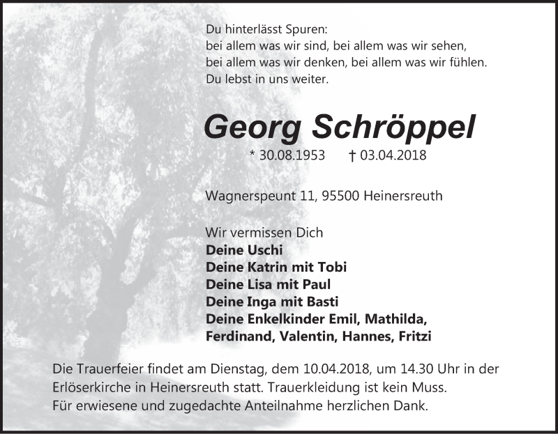  Traueranzeige für Georg Schröppel vom 07.04.2018 aus MGO