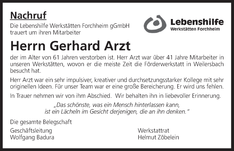  Traueranzeige für Gerhard Arzt vom 26.04.2018 aus MGO