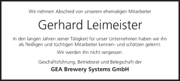 Anzeige von Gerhard Leimeister von MGO