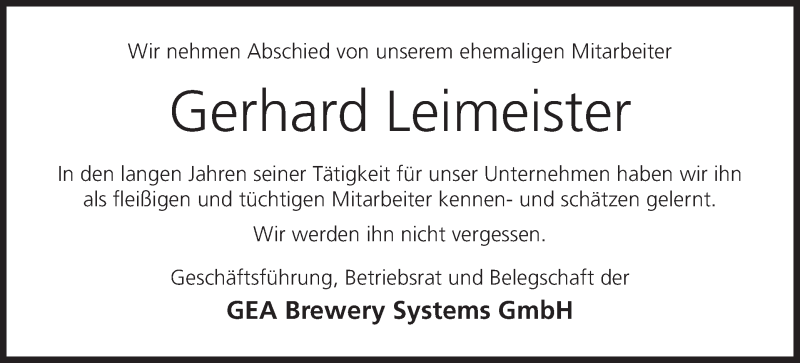  Traueranzeige für Gerhard Leimeister vom 04.04.2018 aus MGO