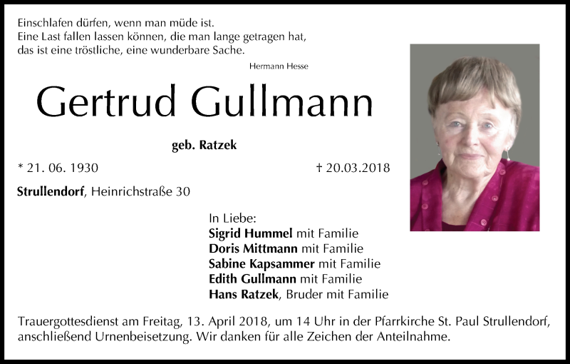  Traueranzeige für Gertrud Gullmann vom 07.04.2018 aus MGO