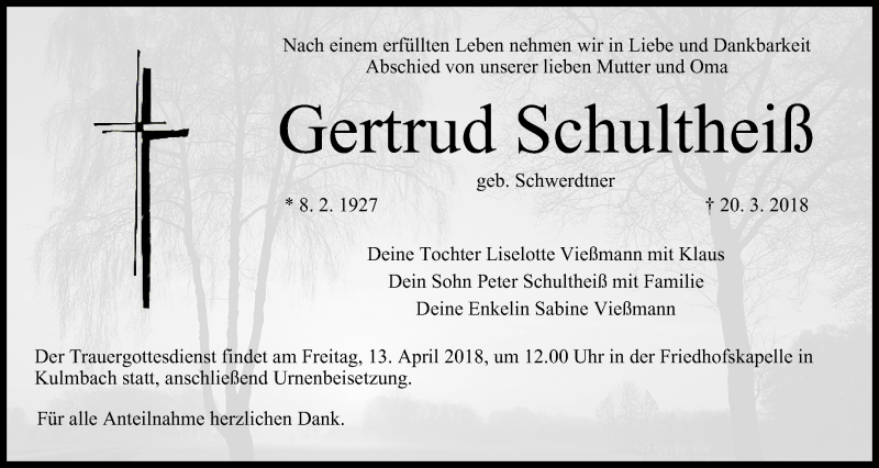  Traueranzeige für Gertrud Schultheiß vom 11.04.2018 aus MGO