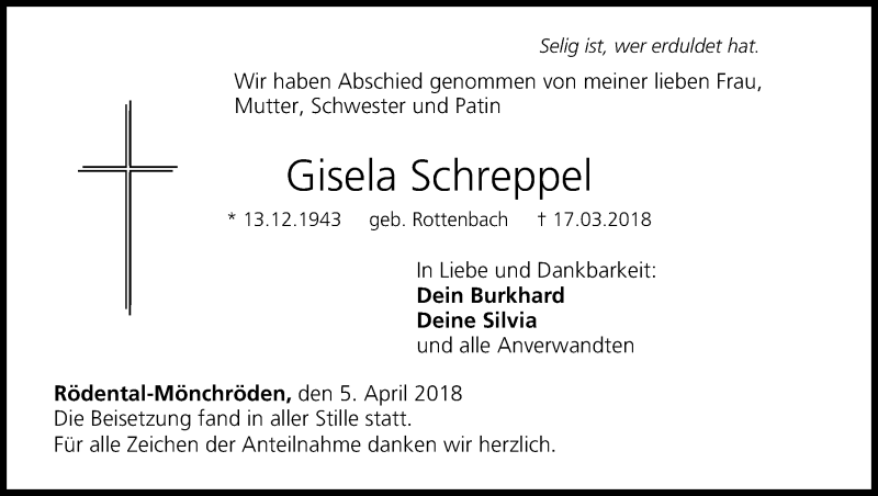  Traueranzeige für Gisela Schreppel vom 05.04.2018 aus MGO