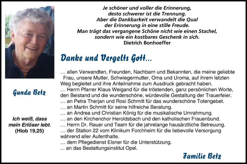  Traueranzeige für Gunda Betz vom 14.04.2018 aus MGO