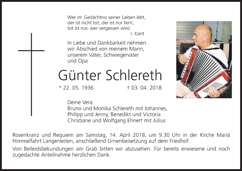  Traueranzeige für Günter Schlereth vom 11.04.2018 aus MGO