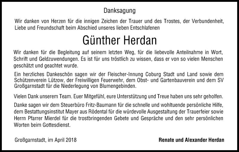  Traueranzeige für Günther Herdan vom 28.04.2018 aus MGO