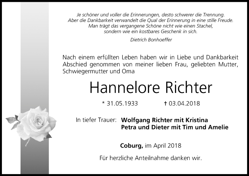  Traueranzeige für Hannelore Richter vom 14.04.2018 aus MGO