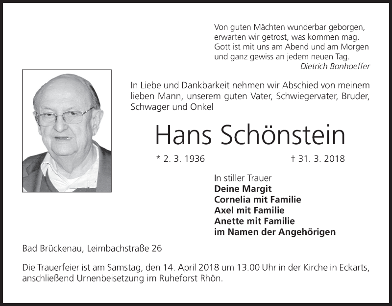  Traueranzeige für Hans Schönstein vom 10.04.2018 aus MGO