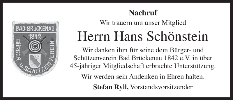  Traueranzeige für Hans Schönstein vom 11.04.2018 aus MGO