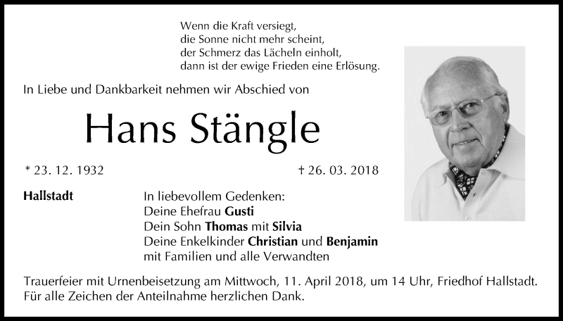  Traueranzeige für Hans Stängle vom 07.04.2018 aus MGO