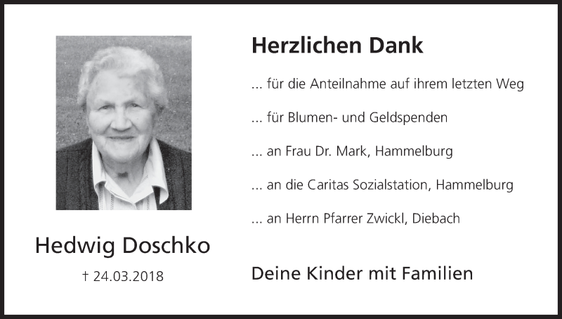  Traueranzeige für Hedwig Doschko vom 21.04.2018 aus MGO