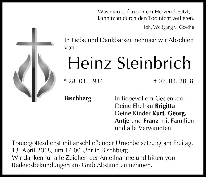  Traueranzeige für Heinz Steinbrich vom 10.04.2018 aus MGO