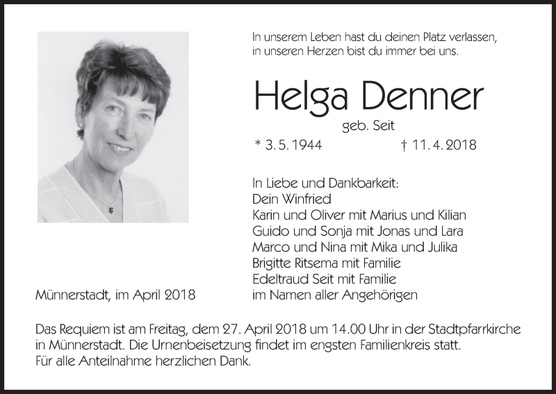  Traueranzeige für Helga Denner vom 24.04.2018 aus MGO