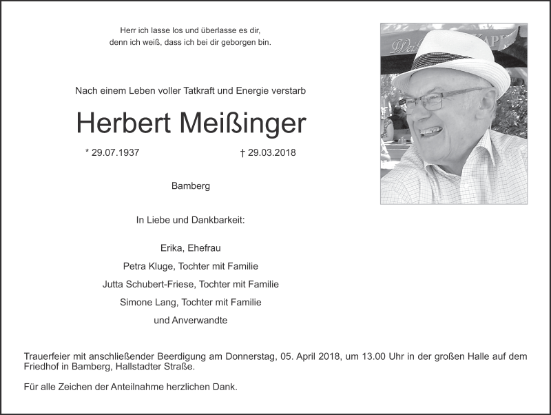 Traueranzeige für Herbert Meißinger vom 04.04.2018 aus MGO