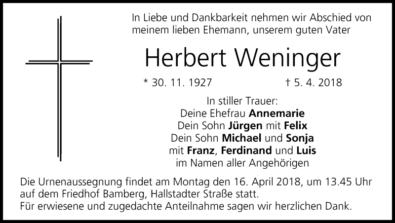  Traueranzeige für Herbert Weninger vom 14.04.2018 aus MGO