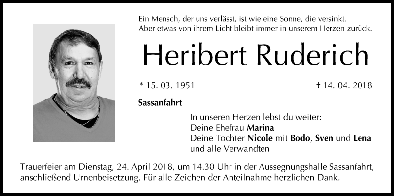  Traueranzeige für Heribert Ruderich vom 21.04.2018 aus MGO