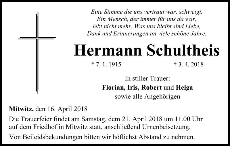  Traueranzeige für Hermann Schultheis vom 16.04.2018 aus MGO