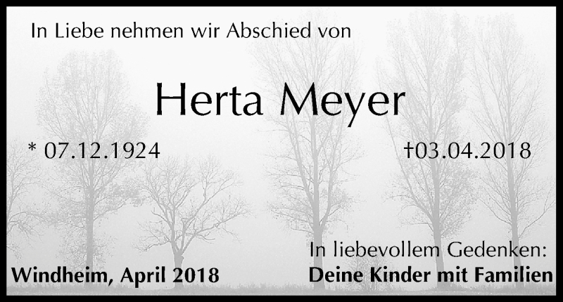  Traueranzeige für Herta Meyer vom 06.04.2018 aus MGO