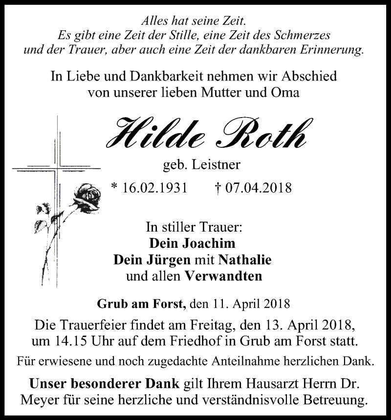  Traueranzeige für Hilde Roth vom 11.04.2018 aus MGO