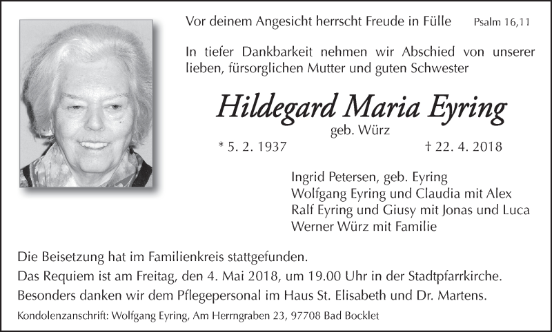  Traueranzeige für Hildegard Maria Eyring vom 28.04.2018 aus MGO