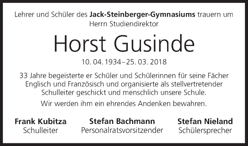  Traueranzeige für Horst Gusinde vom 03.04.2018 aus MGO