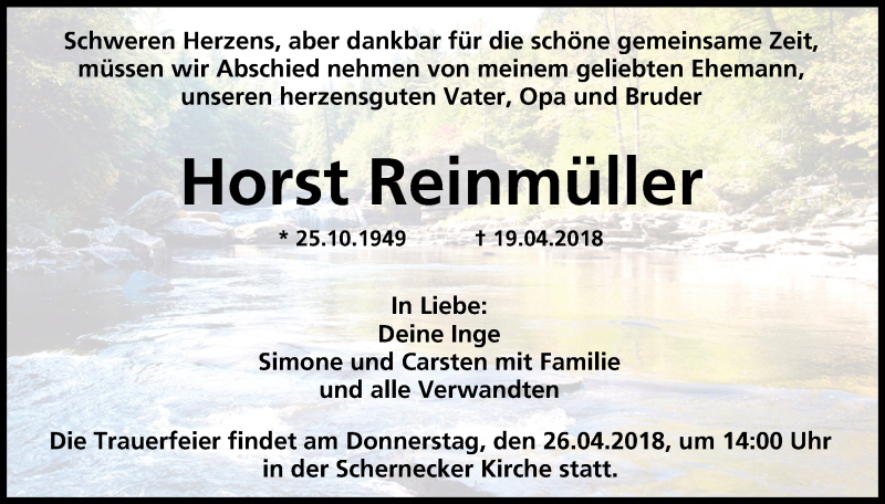  Traueranzeige für Horst Reinmüller vom 23.04.2018 aus MGO