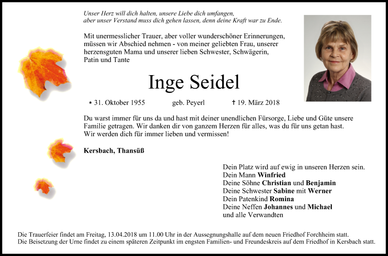  Traueranzeige für Inge Seidel vom 11.04.2018 aus MGO