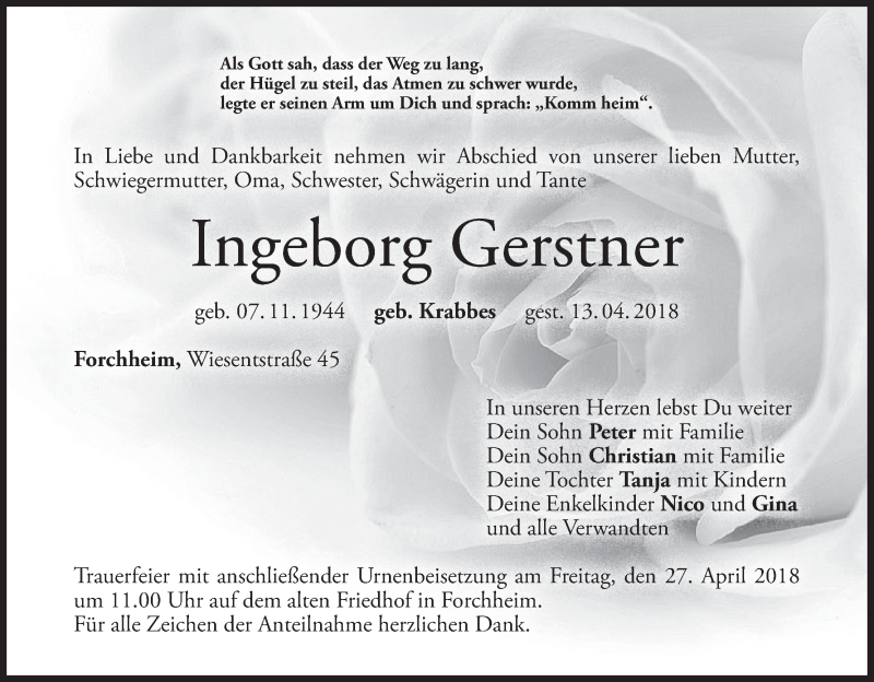  Traueranzeige für Ingeborg Gerstner vom 21.04.2018 aus MGO