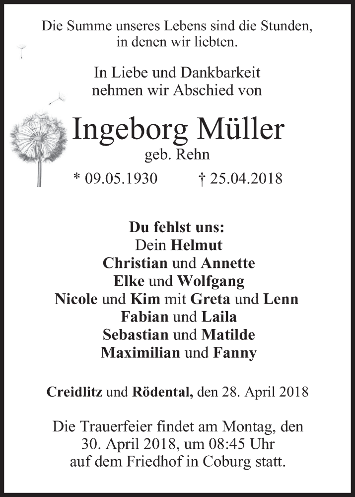  Traueranzeige für Ingeborg Müller vom 28.04.2018 aus MGO