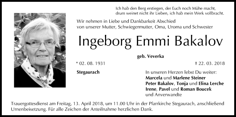  Traueranzeige für Ingeborg Emmi Bakalov vom 07.04.2018 aus MGO