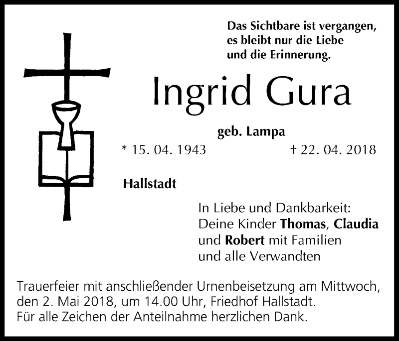  Traueranzeige für Ingrid Gura vom 28.04.2018 aus MGO