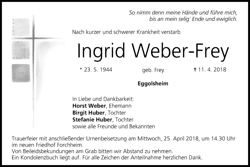  Traueranzeige für Ingrid Weber-Frey vom 21.04.2018 aus MGO