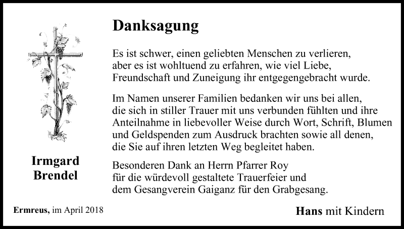  Traueranzeige für Irmgard Brendel vom 21.04.2018 aus MGO