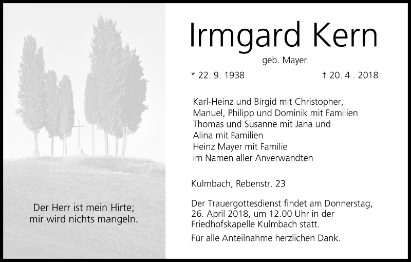  Traueranzeige für Irmgard Kern vom 24.04.2018 aus MGO