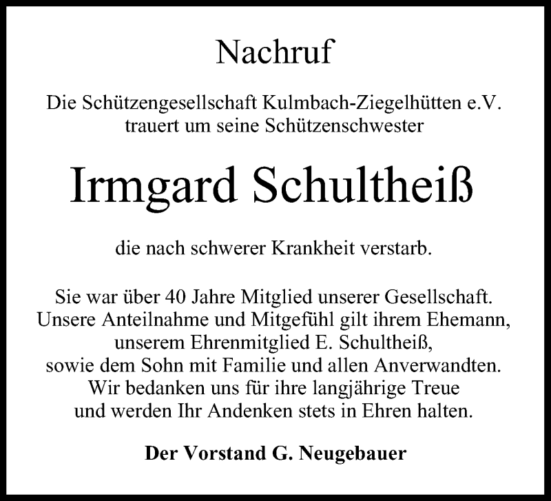  Traueranzeige für Irmgard Schultheiß vom 06.04.2018 aus MGO
