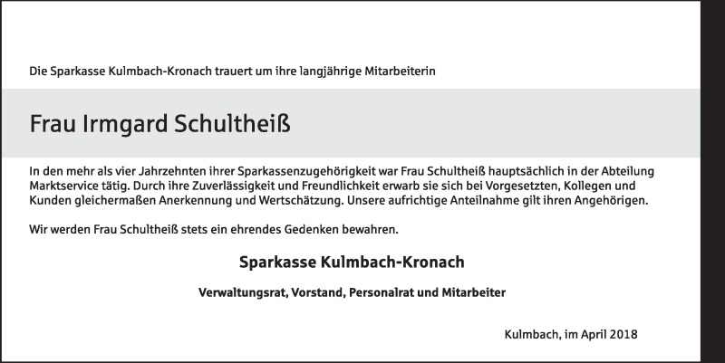  Traueranzeige für Irmgard Schultheiß vom 06.04.2018 aus MGO