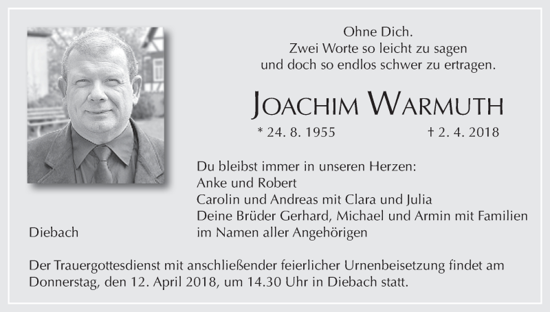  Traueranzeige für Joachim Warmuth vom 07.04.2018 aus MGO