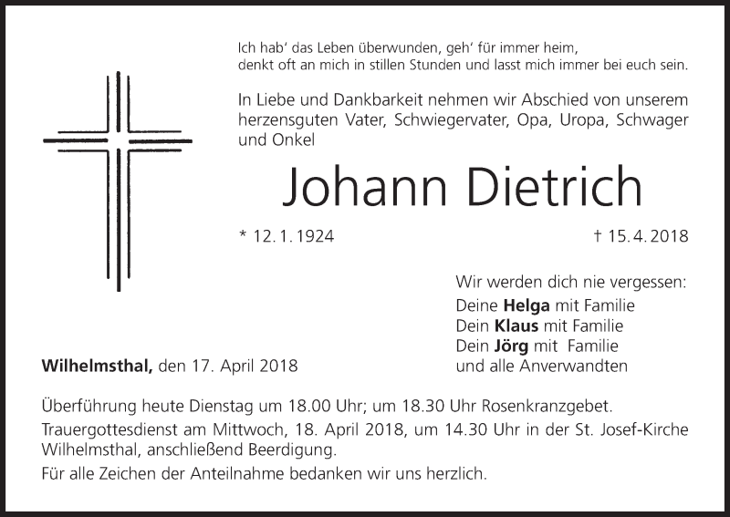  Traueranzeige für Johann Dietrich vom 17.04.2018 aus MGO