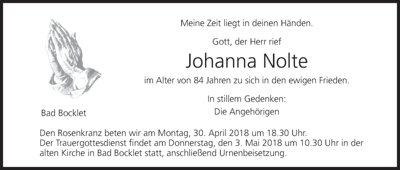  Traueranzeige für Johanna Nolte vom 28.04.2018 aus MGO